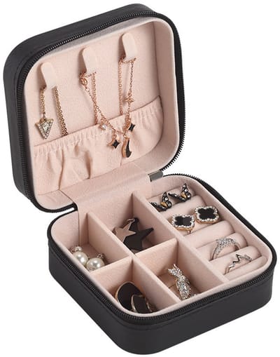 Sieradendoos voor dames - 10*10*5 cm - draagbare mini sieradendoos - reisdoos - met rits - PU-materiaal - damescadeau - geschikt voor het opbergen van kettingen, ringen, oorbellen sieradendoos - zwart