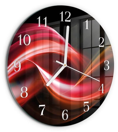 Tulup Wandklok - Abstracte lijnen Decoratieve Glazen Klok - 30fi cm - Rood Glazen Wandklok Design - Witte Handen - Ronde Wandklok - Glazen Klok Met Print - Wandklok Glas Met Motief