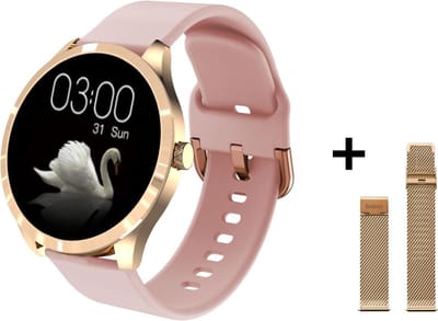 Belesy® BQSiRgPk Pro - Smartwatch Dames – Smartwatch Heren - Horloge - 1.28 inch - Kleurenscherm - Stappenteller - Bloeddruk - Hartslag - 75+ Wijzerplaten – Sporten – Goud – Siliconen – Roze – extra polsband Milanees goud - Kerstcadeau