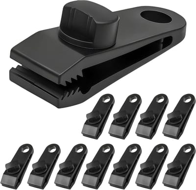 Set van 12 universele tarpaulin bevestigingsclips voor tenten, zeilen en afdekzeilen - veelzijdige en duurzame plastic clips in zwart