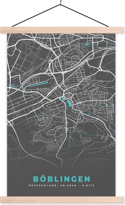 Posterhanger incl. Poster 40x60 cm - Schoolplaat - Stadskaart – Plattegrond – Duitsland – Blauw – Böblingen – Kaart - Textielposter - Blanke latten - Stadskaart
