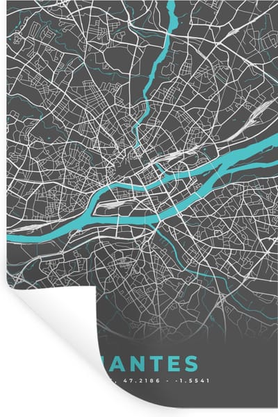 Muurstickers - Sticker Folie - Nantes - Frankrijk - Kaart - Stadskaart - Plattegrond - 20x30 cm - Plakfolie - Muurstickers Kinderkamer - Zelfklevend Behang - Zelfklevend behangpapier - Stickerfolie