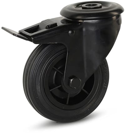 Zwart rubber zwenkwiel geremd met centraal gat - 100mm - 75kg