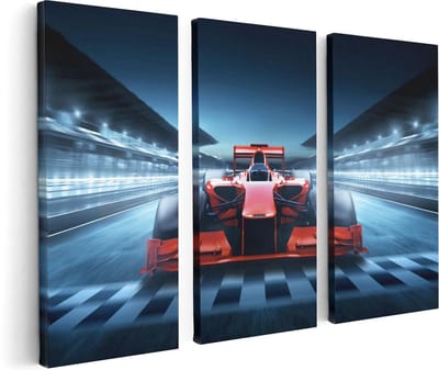 Artaza Canvas Schilderij Drieluik Formule 1 Auto bij de Finish - Rood - 120x80 - Foto Op Canvas - Canvas Print