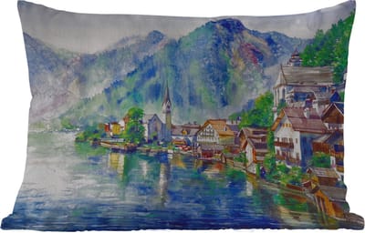 Buitenkussens - Tuin - Schilderij - Olieverf - Huis - Bergen - Water - 50x30 cm