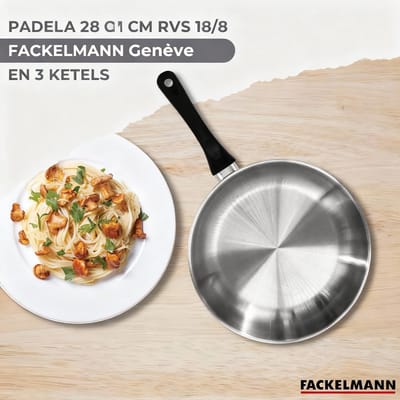 Set 1 pan 28 cm, 3 roestvrijstalen pannen en 6 roestvrijstalen keukengerei Fackelmann Geneva