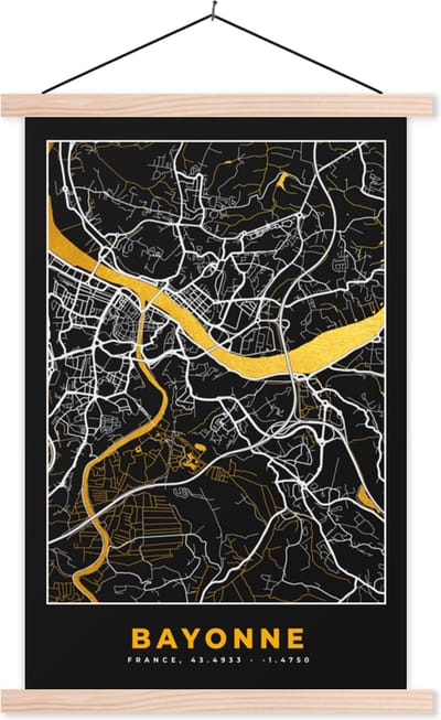 Posterhanger incl. Poster 40x60 cm - Schoolplaat - Bayonne – Plattegrond – Frankrijk – Kaart – Stadskaart - Textielposter - Blanke latten - Stadskaart