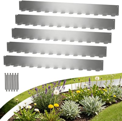 5 Stuks Gazonrand Gegalvaniseerd, elk 100x10cm, Verzinkt Bloembedomranding, Flexibele bloembedomranding, Slakkenhek [totale lengte 5m], Gescheiden Randrand voor Tuingazon/Kwekerij/Perk, Zilver Tuinborders, NAIZY