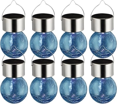 Sunnydays Solar sfeer hanglamp - 8x - tuin - lampenbol - blauw - glas - 9 cm - ophang haakje