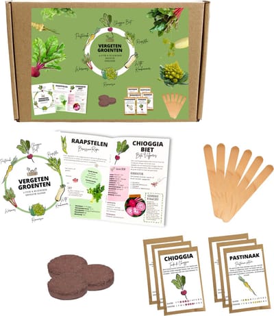 VERGETEN GROENTEN Moestuinbox - Moestuinzaden - Biologisch - Duurzaam - Heirloom - Erfstuk zaden - oude rassen - Witte komkommer - Chioggia biet - Pastinaak - Warmoes - Raapstelen - Romanesco - Cadeau pakket