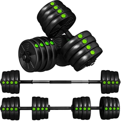 2-in-1 Halterset - Dumbbell & Halterstang - 30 KG - Verstelbaar - 4 x 2,5 kg, 4 x 2 kg, 4 x 1,5 kg, 4 x 1,25 kg Schijven - Antislip - Vloervriendelijk - Complete Thuisgym Oplossing – Zwart/Groen
