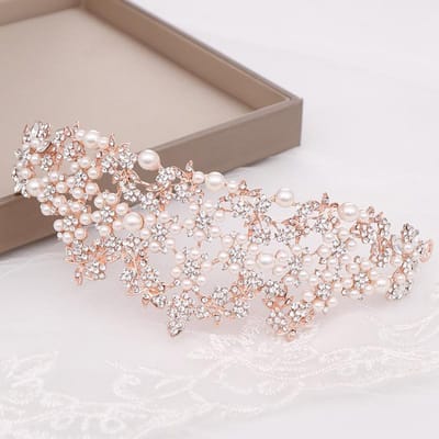 Accessoires de Mariée Européens et Américains Couronne de Perles Serre-tête Tiare de Mariage pour les Mariées Coiffure de Spectacle beige