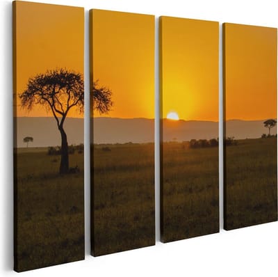 Artaza Canvas Schilderij Vierluik Zonsopgang In De Savanne Met Een Boom - 80x60 - Foto Op Canvas - Canvas Print
