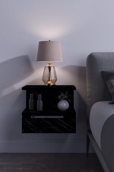 SNS Home - Flora 17-04 - Nachtkastje met Lade - Nachtkastje Zwevend - 40 x 34 x 31 cm - Zwart en Marmer