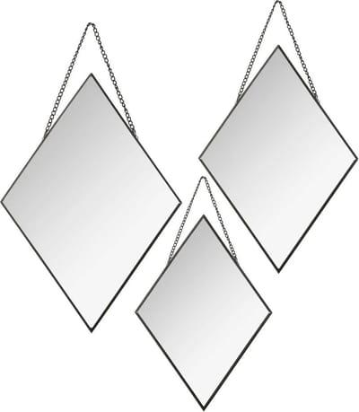 Atmosphera Wandspiegels ruit vorm - set van 3x stuks - zwart - metaal - met ketting - spiegels