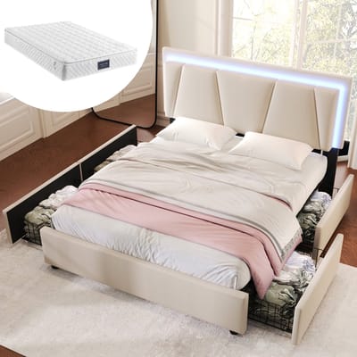 Gestoffeerd bed met ledverlichting en 4 lades, in hoogte verstelbaar hoofdeinde, tweepersoonsbed 140x200cm, bedframe met opbergruimte, lattenbodem, beige (inclusief matras)