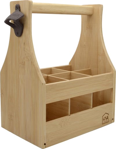 UNUS® Flessendrager bamboehout 6 flessen bierdrager met flesopener