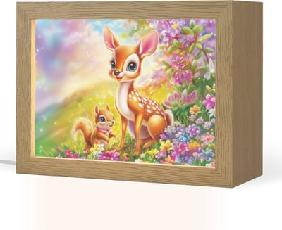 Nachtlampje 20x15 cm - Kinder lampje - Hertje - Eekhoorn - Bloemenveld - Kleurrijk - Tafellamp kinderkamer - Slaapkamer lamp - Bedlamp kinderen - Kinderlampje stopcontact - Wandlamp babykamer - Nachtlampjes