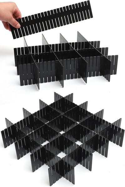 Famanu 18 stuks ladeverdelers, verstelbare ladeorganizer voor sokken, ondergoed, make-up, kan helpen opgeruimde keuken, slaapkamer, dressoir zwart