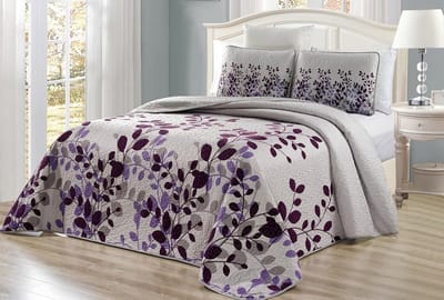 3-delige fijn bedrukte oversized (115" X 95") Fresca Quilt Set Omkeerbare sprei Coverlet King Size Bed Cover (Paars, Grijs, Wijnstok)