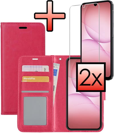 Hoesje - Met 2x Screenprotector - Geschikt voor Samsung Galaxy A17 - Luxe Pasjeshouder - Bookcase Portemonee - Flip Case - Kunstleer Book Case - Flipcase Hoes - Book Cover - Walletcase - Portemonneehoes - Donkerroze