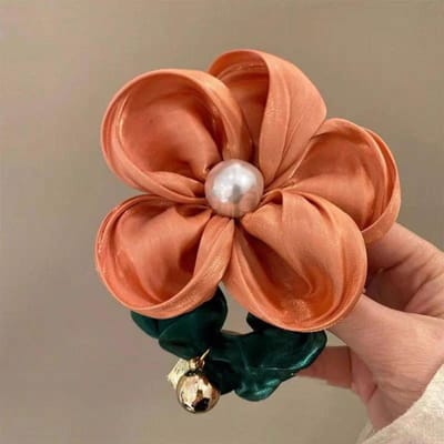 Élégant Chouchou en Organza Stretch avec Perle et Strass Fleur pour Femmes Filles Accessoires Cheveux Coiffure Porte Queue de Cheval orange
