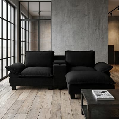 MODFU Modulaire Hoekbank - Met Opbergruimte En Usb-Aansluiting - Modern - Chenille - Zwart - 224 X 151 X 90 Cm