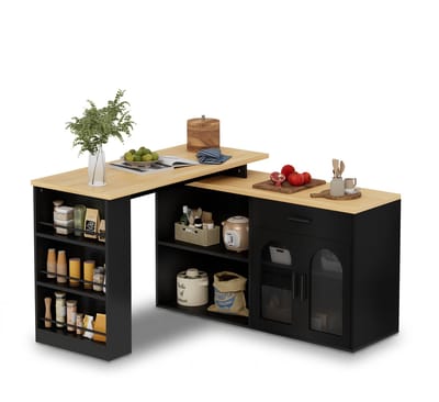 Keukeneiland met 360 Graden Draaitafel - Zwart Keukeneiland met Opbergruimte - L-Vormig Keukeneiland - MDF Eiken Look