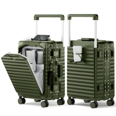 Handbagagekoffer – Voor reizen en zakelijk gebruik – Aluminium met voorvak, USB-poort, bekerhouder, TSA-slot en spinnerwielen – Donkergroen, aluminium (ca. 51 cm)