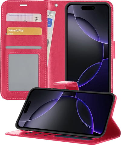 Hoesje - Geschikt voor Apple iPhone 16 Pro - Luxe Bookcase - Walletcase Hoes - Portemonnee - Cover - Telefoonhoes - Donkerroze