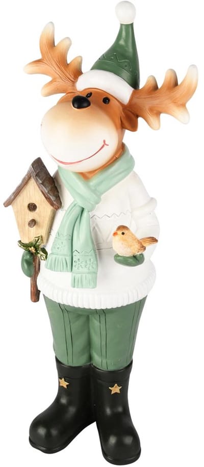 Dekoratief | Rendier staand m/vogel/huisje, groen/wit, resina, 16x12x40cm | A255085