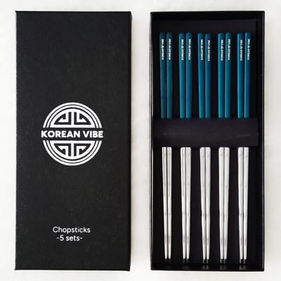 KoreanVibe Chopsticks Set - Eetstokjes - Vaatwasserbestendig - RVS - 5Paar - Zilver/Groen