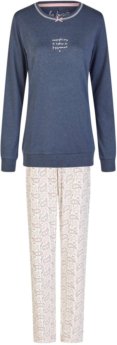 By Louise Dames Winter Pyjama Set Lang Interlock Blauw/Wit Print - Maat S