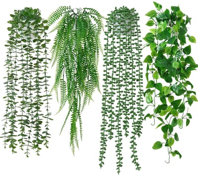 Hangplant met pot nep hangende planten 4 stuks kunstplanten voor binnen hangplanten indoor faux eucalyptus potplant voor thuis tuin kantoor decor (groene varen)