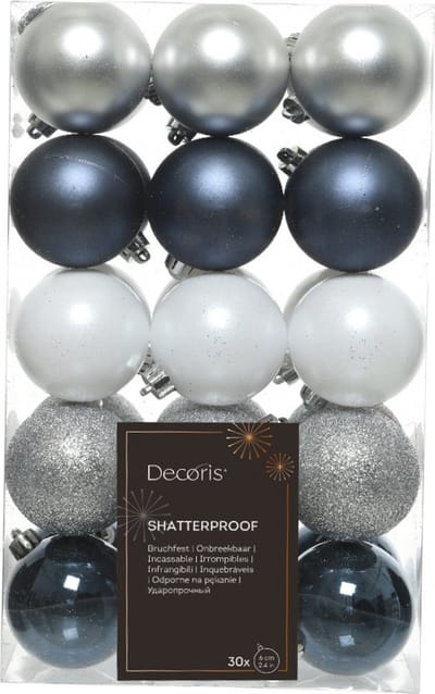 Decoris Kerstballen - 30x - 6 cm - kunststof - donkerblauw/wit/zilver