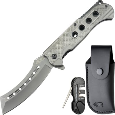 AdroitGoods Tactisch RVS zakmes met grijs metalen heft, incl. hoes en slijptool - Premium Tactisch Opvouwbaar Zakmes – 3.0 mm Dikke RVS Snede, Versterkte Anti-Slip Handgreep & Clip-Design voor Outdoor, Kamperen, Survival en Dagelijks Gebruik