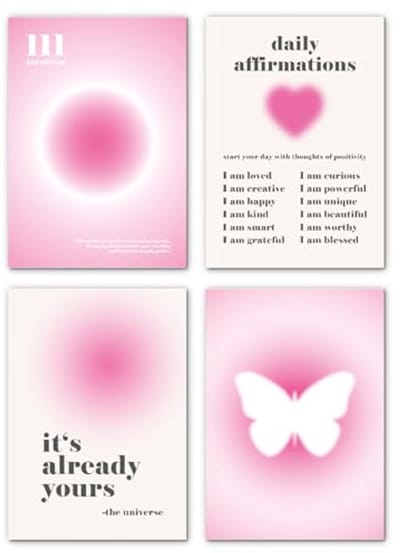Decoratieve Posterset - Set van 4 - 30 x 42 cm - Wanddecoratie voor Slaapkamer en Woonkamer - Tienerroze - Esthetische Affirmaties (DIN A3)