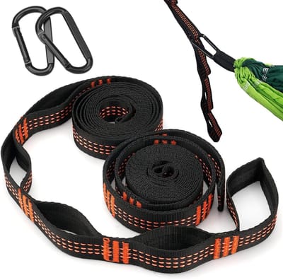 Set van 2 Hangmatbeugels met 2 m x 2.5 cm Touw, Carabiner Haken en Verstelbare Bevestigingsriemen voor Camping en Buitenactiviteiten