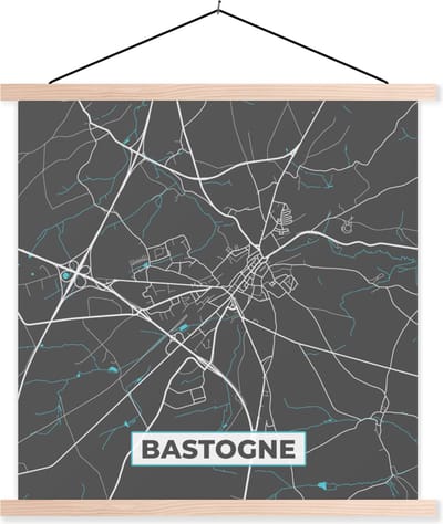 Posterhanger incl. Poster 40x40 cm - Schoolplaat - België – Bastogne – Stadskaart – Kaart – Blauw – Plattegrond - Textielposter - Blanke latten - Stadskaart