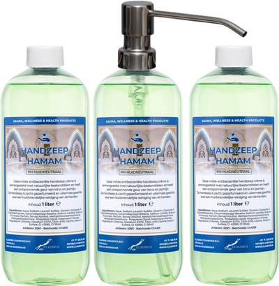 Handzeep Hamam 1 liter - set van 3 stuks - met gratis RVS zilverkleurige pomp - Voordeelverpakking
