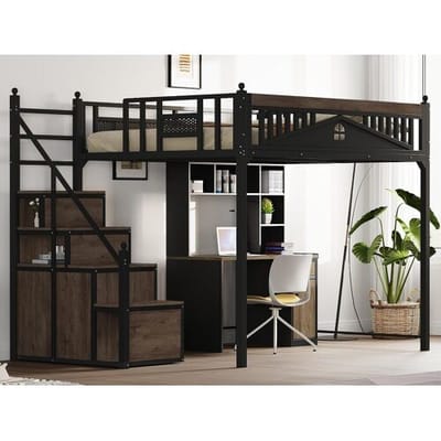 ModernLuxe Metalen hoogslaapbed 140x200 cm - met opbergtrap - Zwart (matras niet inbegrepen)