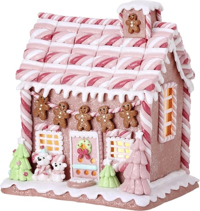 Viv! Christmas Kerstbeeld - Gingerbread Huis van Klei met Marshmallow Beertjes incl. LED Verlichting - pastel roze - 23cm