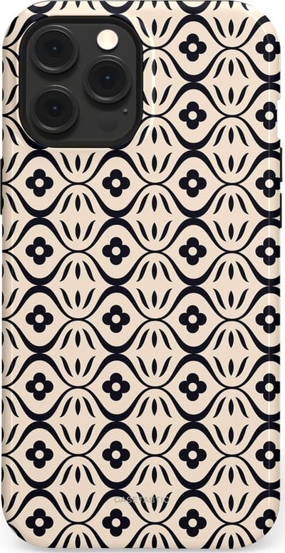 Casetastic hoesje geschikt voor Apple iPhone 12 Pro Max - MagSafe - Dubbellaagse bescherming - Retro crème-zwarte bloemenprint - Fashion Case - Crème Grijs Donkergrijs