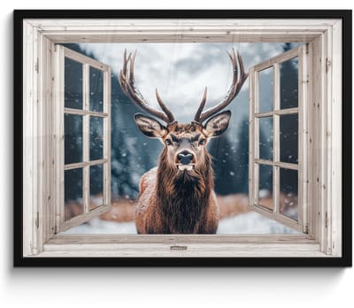 Poster in lijst - Fotolijst 70x50 cm - Posters - Hert - Dieren - Landschap - Winter - Sneeuw - Doorkijk - Natuur - Posterlijst zwart - Decoratie - Wanddecoratie woonkamer - Muurdecoratie slaapkamer