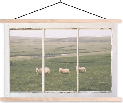 Posterhanger incl. Poster 150x100 cm - Schoolplaat - Doorkijk - Schaap - Gras - Textielposter - Blanke latten