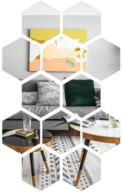 12 Pieces Mirror Stickers, Hexagonal Self-Adhesive Mirror, Wall Mirror, Acrylic Mirror Tiles, Self Adhesive Mirror for Bathroom, Home, Bedroom, Living Room Decoration