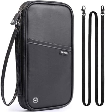 TRAVELTIME® - Paspoort Hoesje - Nektasje - Paspoorthouder - Reisportemonnee - met RFID Pasjeshouder - voor 4 Gezinspaspoort, Kaarten, Vliegtickets, Geld - Zwart