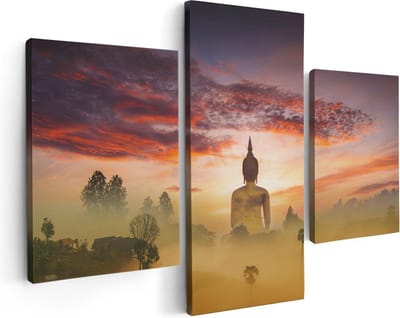 Artaza Canvas Schilderij Drieluik Boeddha Beeld In De Mist - 90x60 - Foto Op Canvas - Canvas Print