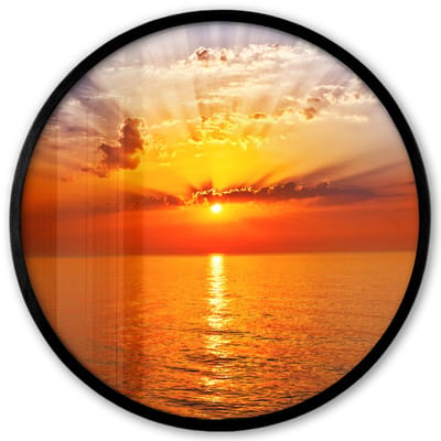 Poster in lijst Rond - Fotolijst 40x40 cm - Posters - Zonsondergang - Zee - Lucht - Oranje - Horizon - Water - Ronde posterlijst zwart - Decoratie - Wanddecoratie woonkamer - Muurdecoratie slaapkamer
