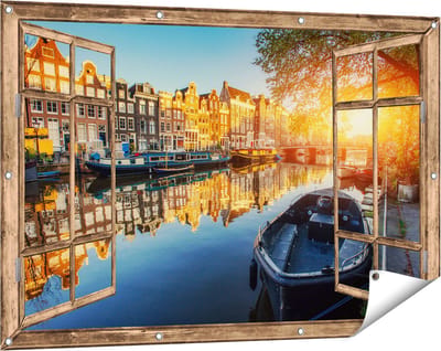 Gards Tuinposter Doorkijk Amsterdamse Gracht bij Zonsondergang - 120x80 cm - Tuindoek - Tuindecoratie - Wanddecoratie buiten - Tuinschilderij